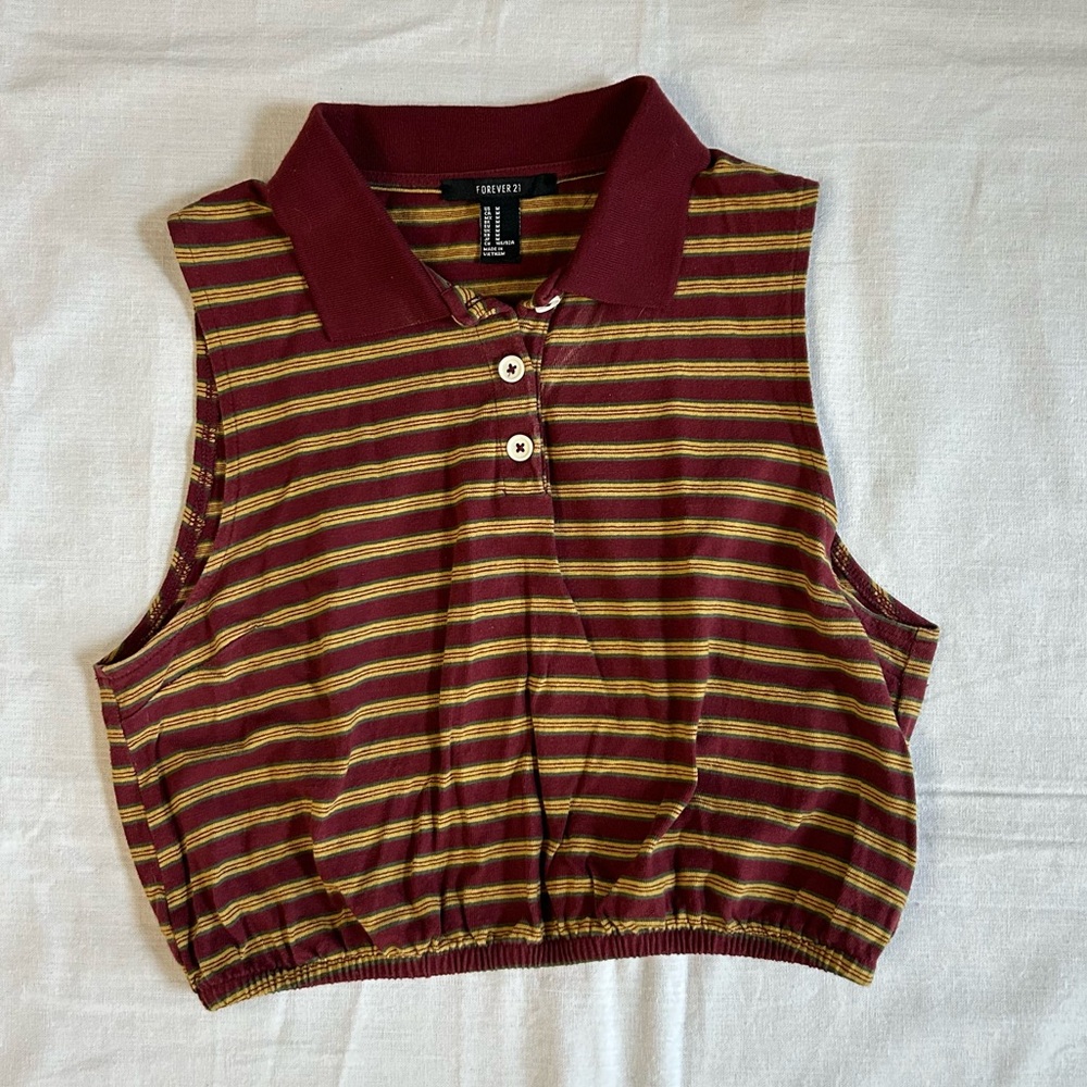F21 | Maroon & Yellow Striped Preppy Collared Crop Top size Medium